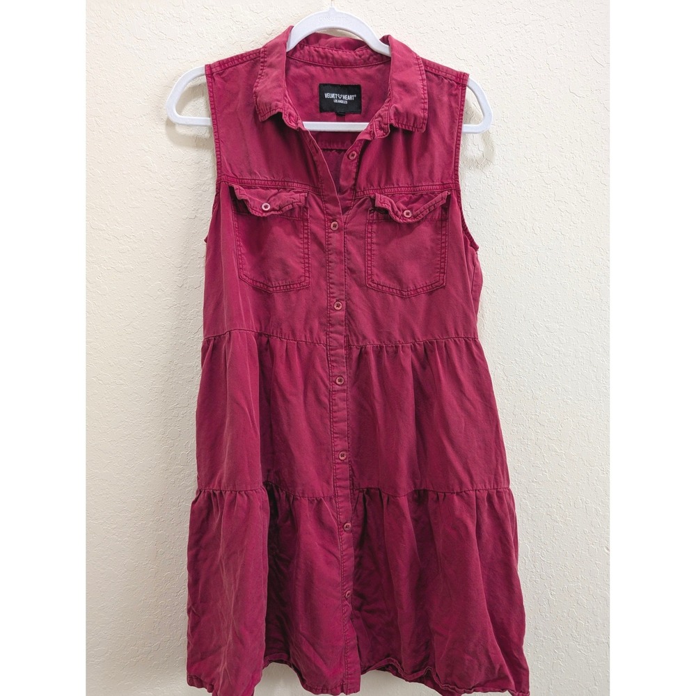 Boho Velvet Heart Los Angeles Red Tiered Sleeveless Shirt Dress Small